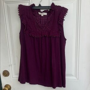 LOFT Women’s Medium Plum Ruffle Trim Blouse Top shirt Cotton Short sleeves